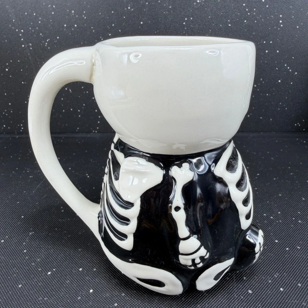 Pottery Barn Skeleton Mugs Set of 2 Black White Ceramic Halloween Coffee Cups
